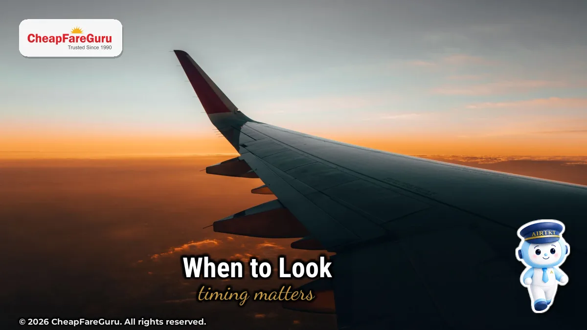 Stunning view of an airplane wing soaring above clouds during a vibrant sunrise — text on image: "When to Look"