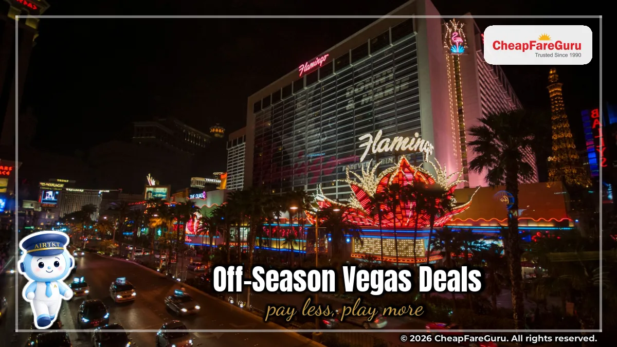 Vibrant night scene of the iconic Flamingo Hotel in Las Vegas with neon lights and bustling traffic — text on image: "Off-Season Vegas Deals"