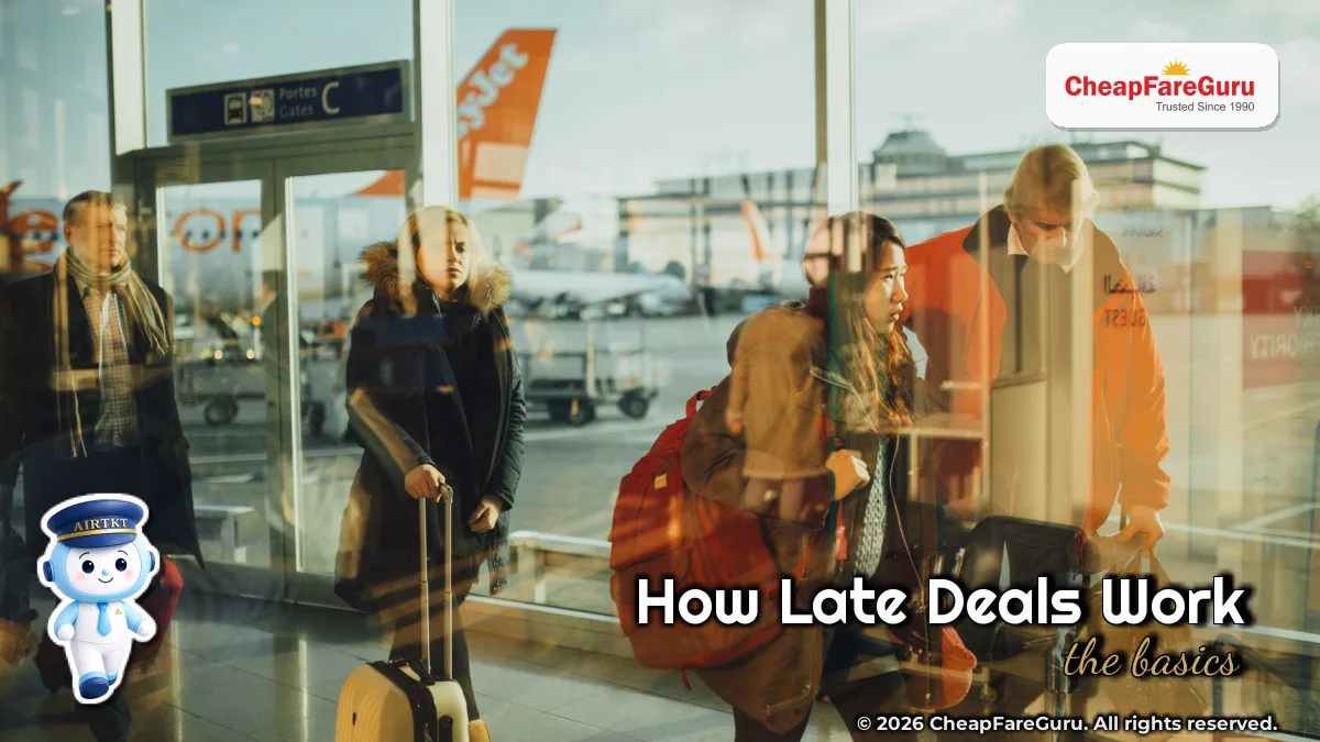 Passengers moving through an airport gate area with visible airplanes outside — text on image: "How Late Deals Work"
