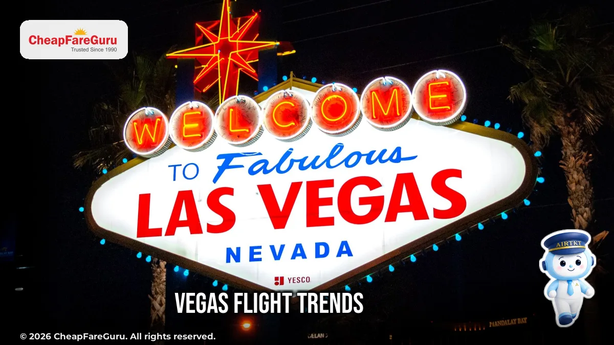 The iconic Welcome to Fabulous Las Vegas sign illuminated at night, representing the city's vibrant tourism — text on image: "Vegas Flight Trends"