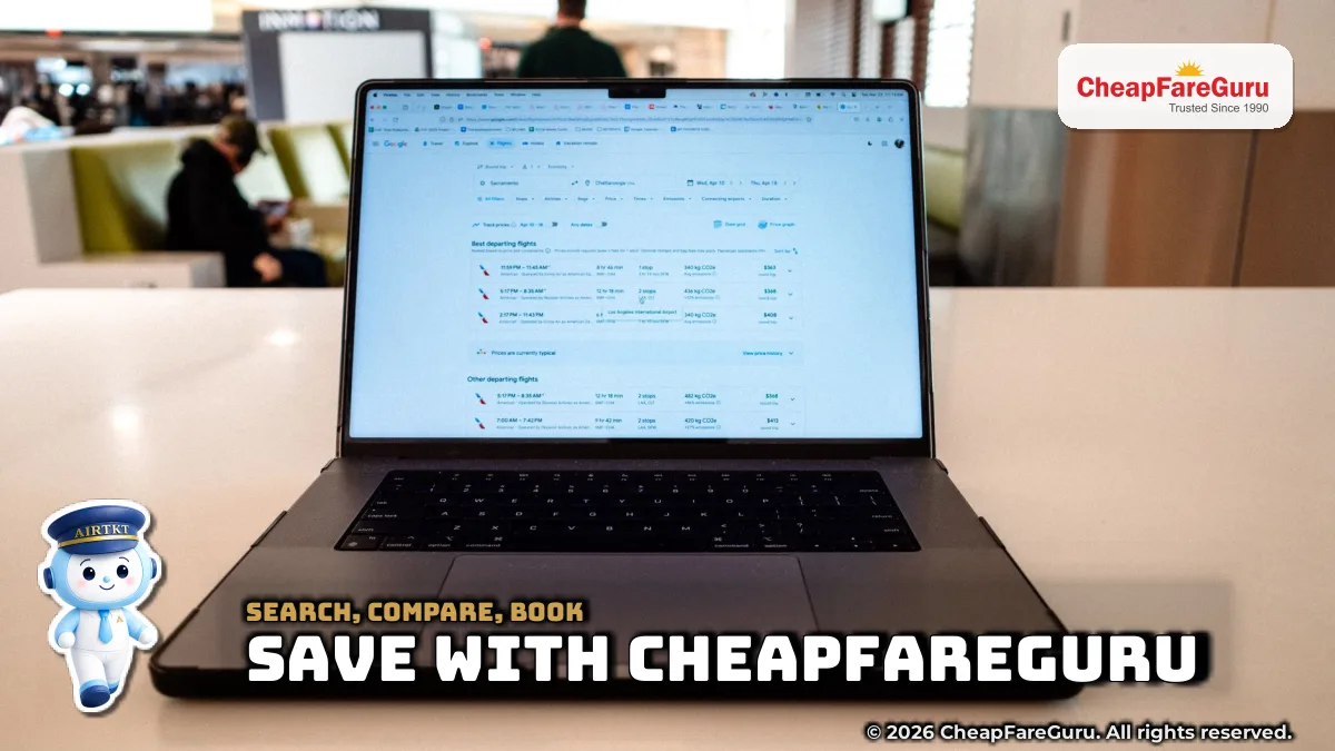 A modern laptop displaying flight schedules on a white table in an airport lounge — text on image: "Save With CheapFareGuru"